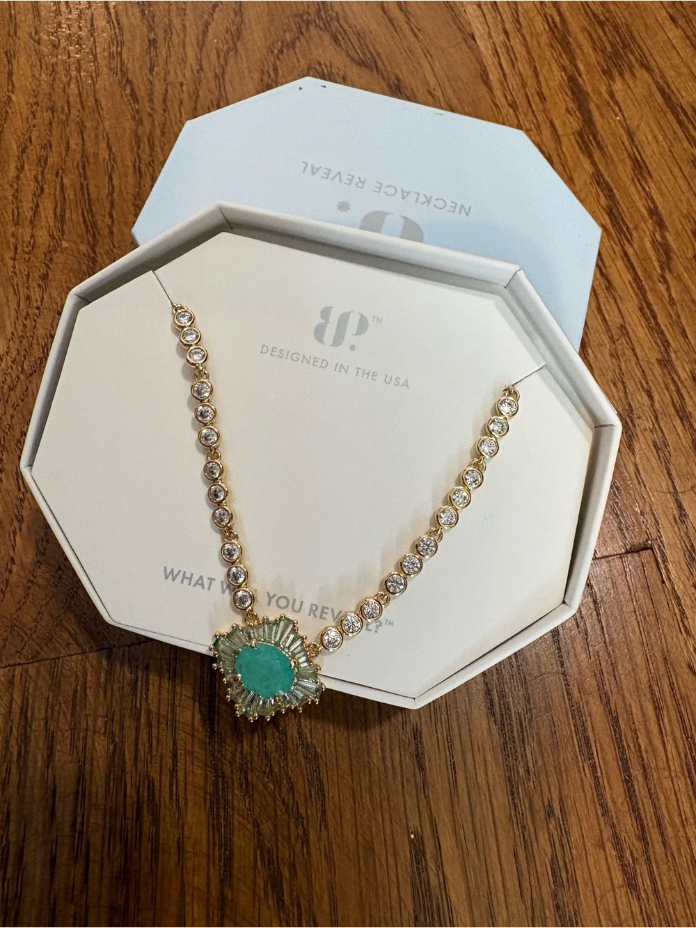 Gold Crystal Necklace with Turquoise Green Pendant